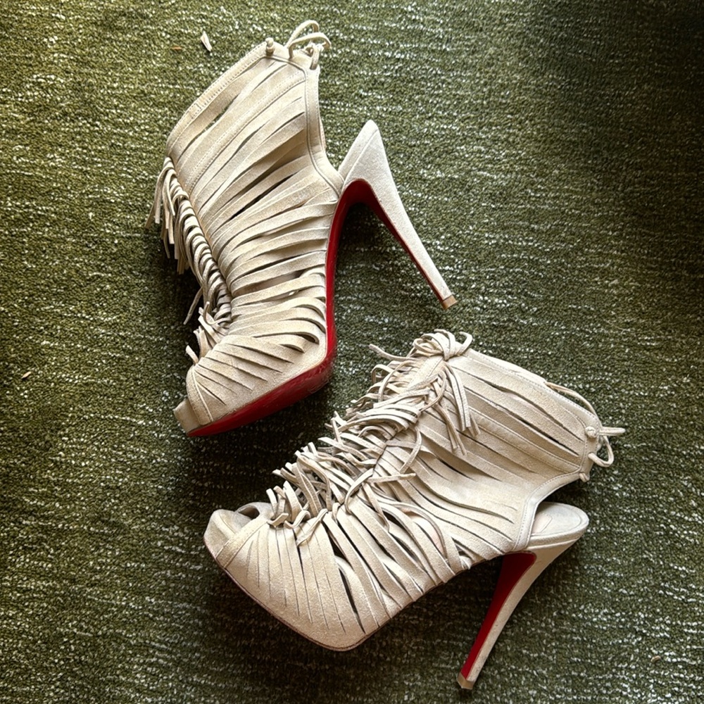 Christian Louboutin Tan Suede Fringe Heels - Women’s 37 1/2